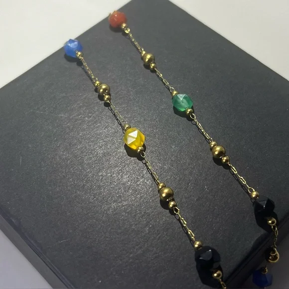 Colorful Natural Stone Bead Chain w Enamel Bead Dove Chain 18k Gold - Picture 2 of 4